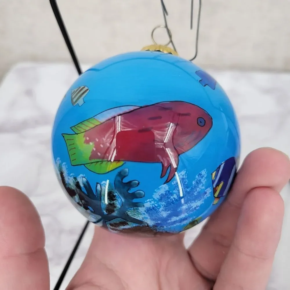 Vintage Glass Reverse Painted Blue Tropical Fish Ornament in Gift Box - Picture 9 of 12